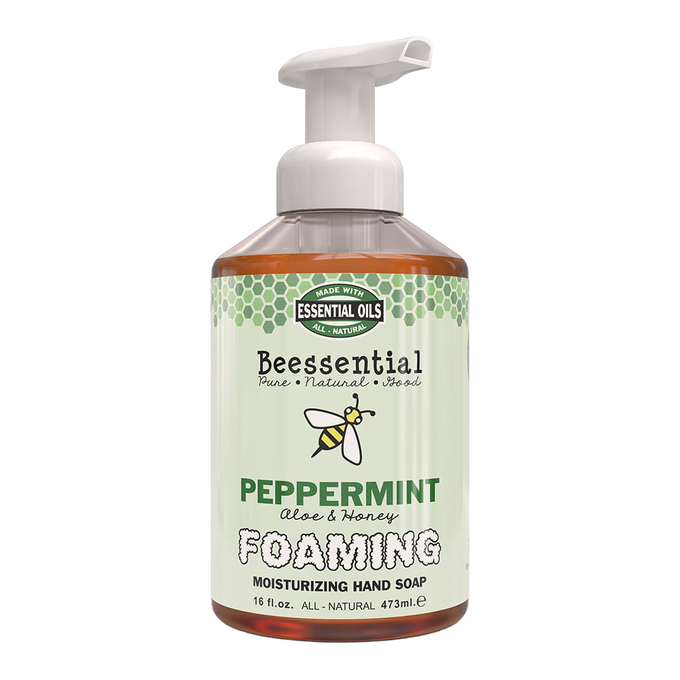 Handcrafted foaming hand soap made in the USA with peppermint, aloe, and honey for moisturizing; ideal for Health & Wellness, Soaps, and Best Sellers collections.