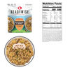 ReadyWise Trailhead noodles and beef meal pouch with mushroom sauce packaging alongside a prepared serving garnished with mushroom slices and a nutrition facts label, ideal for camping and emergency supplies.