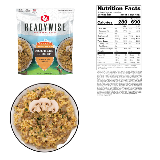 ReadyWise Trailhead noodles and beef meal pouch with mushroom sauce packaging alongside a prepared serving garnished with mushroom slices and a nutrition facts label, ideal for camping and emergency supplies.