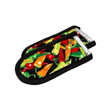 Pair of padded hot handle covers with colorful chili pepper design and black trim, protecting hands from heat up to 350°F, ideal for Kitchen & Food, Cookware, Cast Iron, and Best Sellers collections.