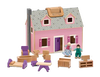 Pink wooden foldable dollhouse with gray roof and purple accents, accompanied by two wooden figures and miniature wooden furniture pieces for indoor play and children's toys collections.