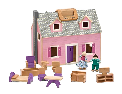 Pink wooden foldable dollhouse with gray roof and purple accents, accompanied by two wooden figures and miniature wooden furniture pieces for indoor play and children's toys collections.