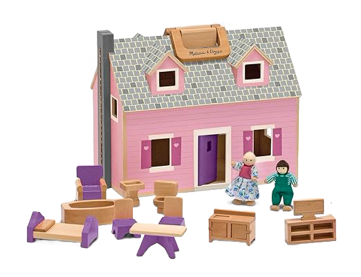Pink wooden foldable dollhouse with gray roof and purple accents, accompanied by two wooden figures and miniature wooden furniture pieces for indoor play and children's toys collections.
