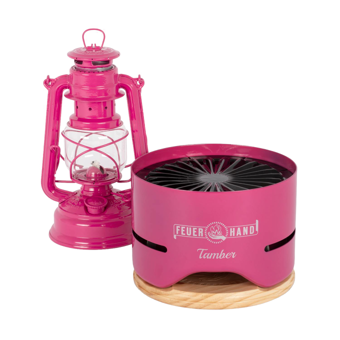 Unique handcrafted pink tabletop charcoal grill with radial vent grill grate and wooden base, paired with matching vintage-style lantern, perfect for Farm, Garden & Tool, Camping, Grilling collections.