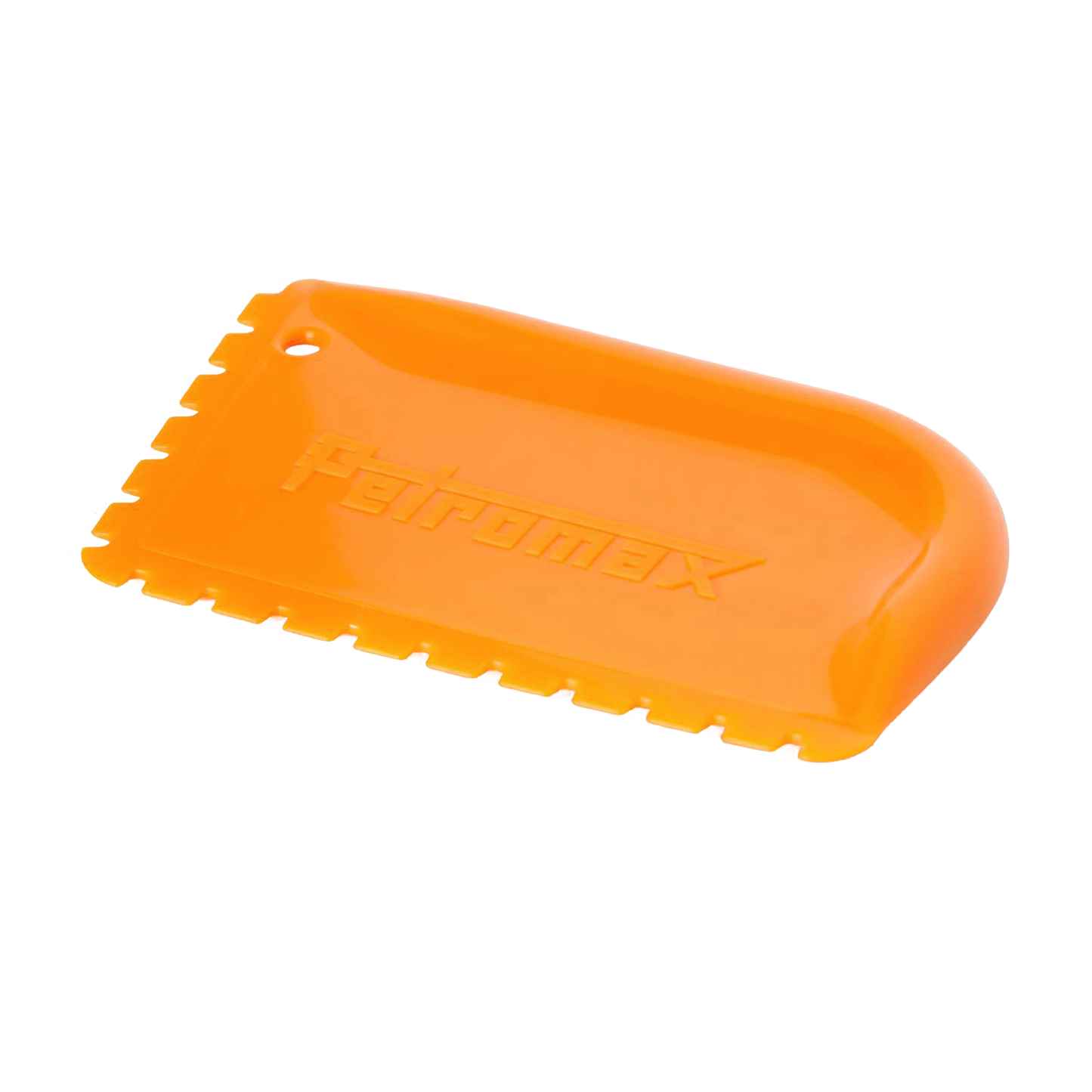 Orange pan scraper with textured edges and curved grip, designed for safely cleaning cast iron cookware, featured in Kitchen & Food, Cookware, Cast Iron, and Best Sellers collections.