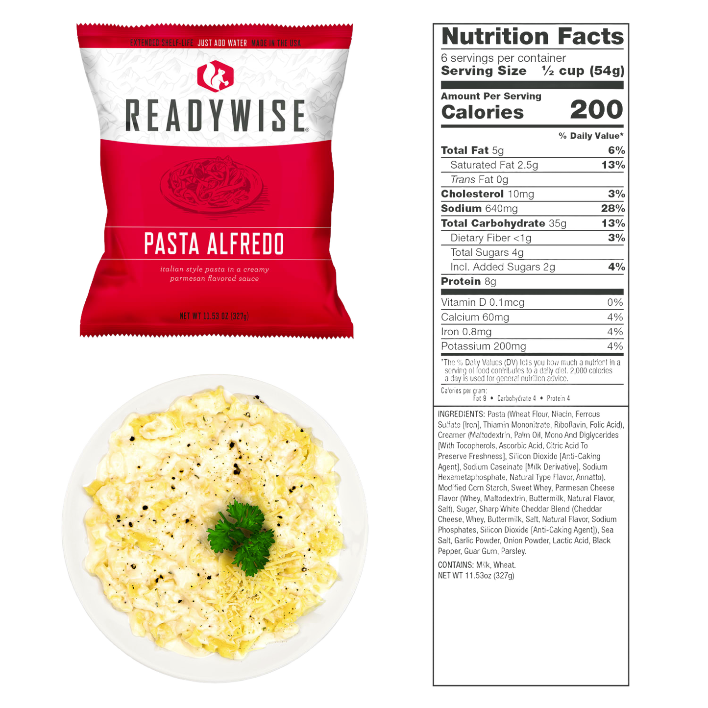 Single-serving package of creamy pasta alfredo with parmesan flavoring, displayed alongside a plated serving and detailed nutrition facts, featured in emergency supplies and pantry collections.