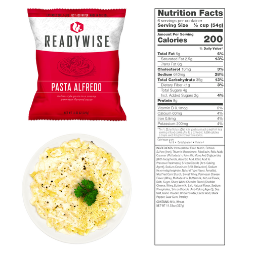 Single-serving package of creamy pasta alfredo with parmesan flavoring, displayed alongside a plated serving and detailed nutrition facts, featured in emergency supplies and pantry collections.