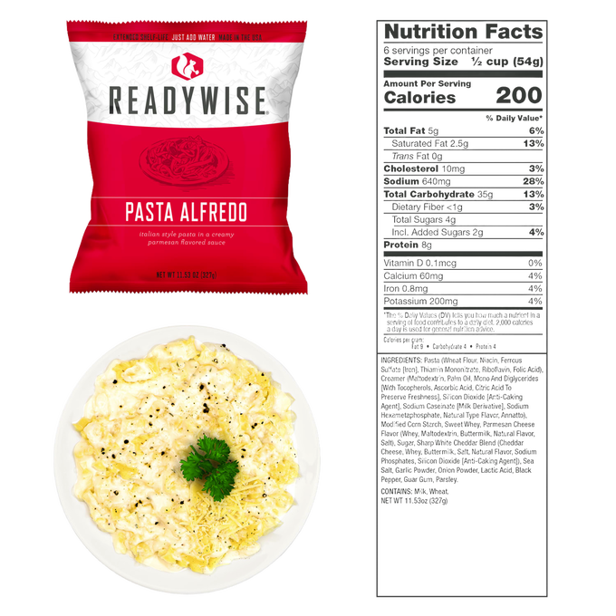 Single-serving package of creamy pasta alfredo with parmesan flavoring, displayed alongside a plated serving and detailed nutrition facts, featured in emergency supplies and pantry collections.