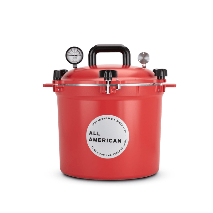 Handcrafted bright red 21.5-quart pressure canner with secure locking lid, built-in pressure gauge, and sturdy handle, made in USA for Kitchen & Food, Food Preservation, and Canning collections.