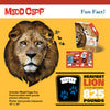 Bright orange background featuring a uniquely shaped lion head puzzle with realistic artwork, puzzle pieces, a fun facts booklet, and a box; ideal for children's puzzles and games collections.