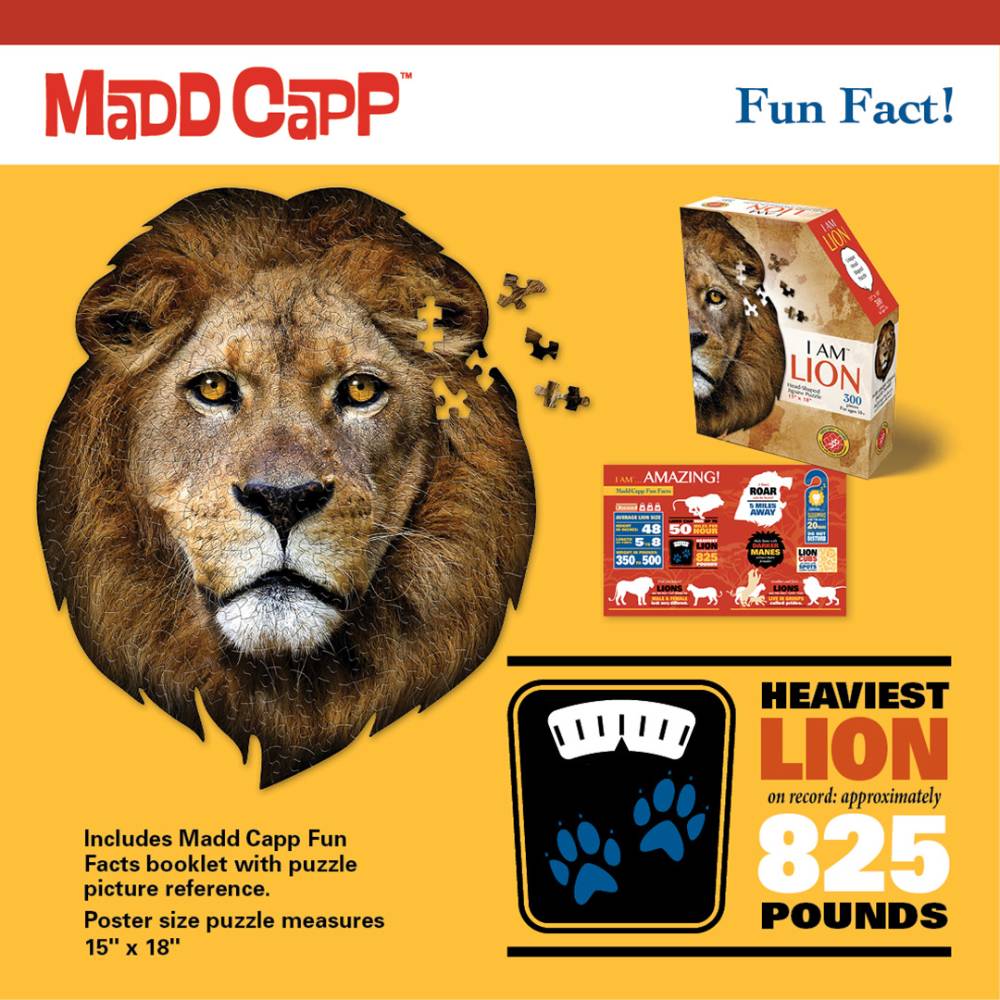 Bright orange background featuring a uniquely shaped lion head puzzle with realistic artwork, puzzle pieces, a fun facts booklet, and a box; ideal for children's puzzles and games collections.