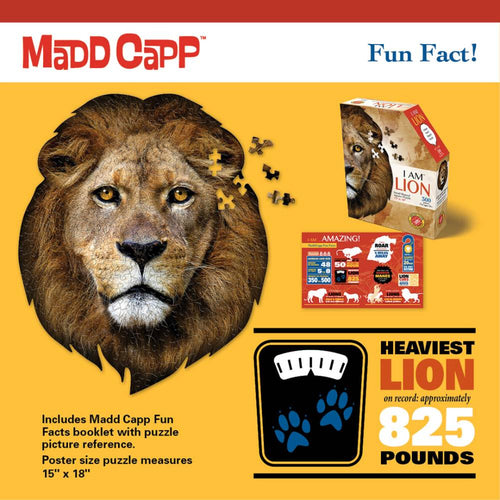 Bright orange background featuring a uniquely shaped lion head puzzle with realistic artwork, puzzle pieces, a fun facts booklet, and a box; ideal for children's puzzles and games collections.