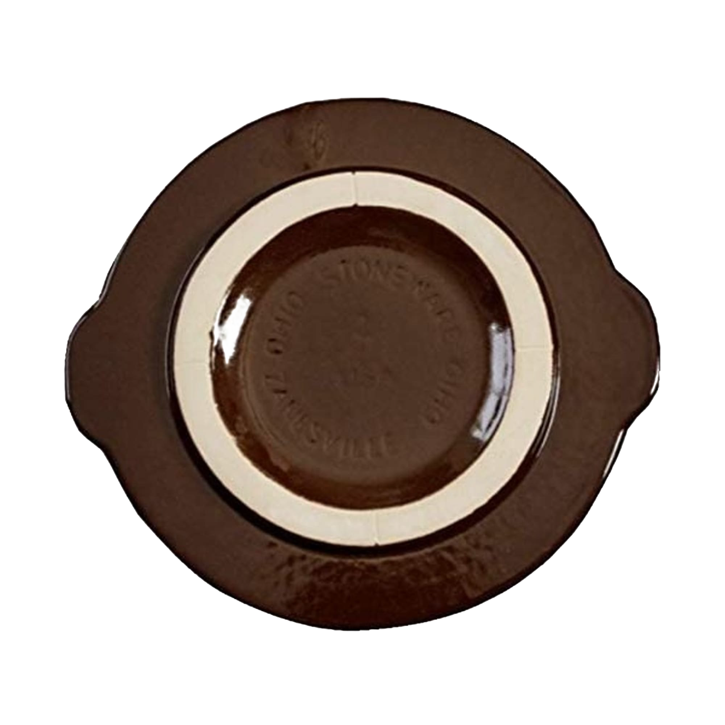 Handcrafted dark brown stoneware lid with cream accent ring and side handles, made in USA, ideal for kitchen food preservation, fermenting, and pickling collections.