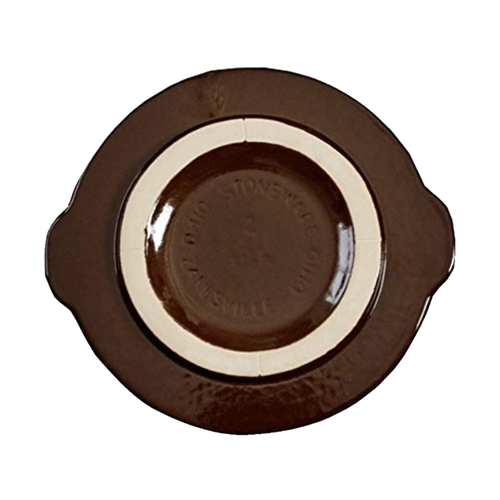 Handcrafted dark brown stoneware lid with cream accent ring and side handles, made in USA, ideal for kitchen food preservation, fermenting, and pickling collections.