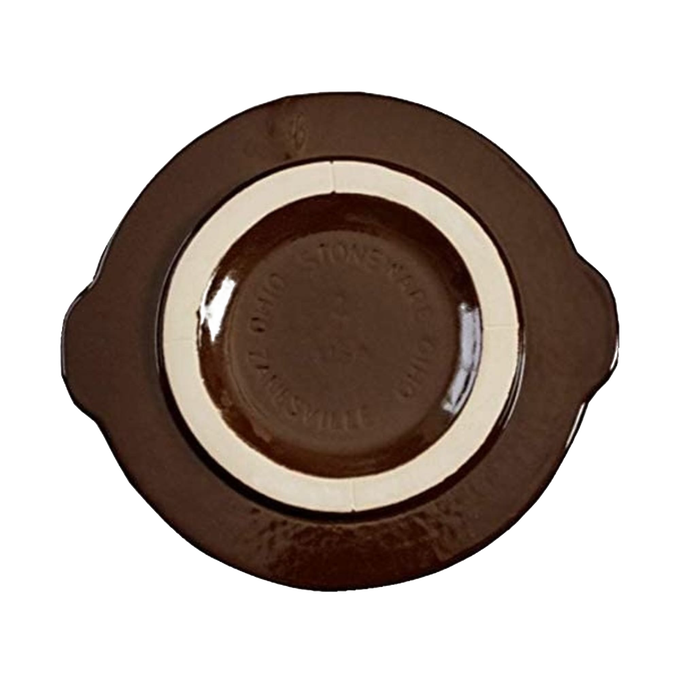 Handcrafted dark brown stoneware lid with cream accent ring and side handles, made in USA, ideal for kitchen food preservation, fermenting, and pickling collections.