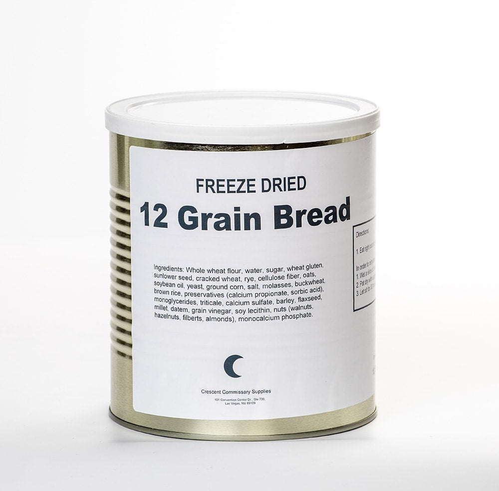 Cylindrical metal can of handcrafted freeze-dried 12-grain bread with simple white label, suitable for Kitchen & Food, Food, Freeze Dried, USA Made, Best Sellers, and Promo Eligible collections.