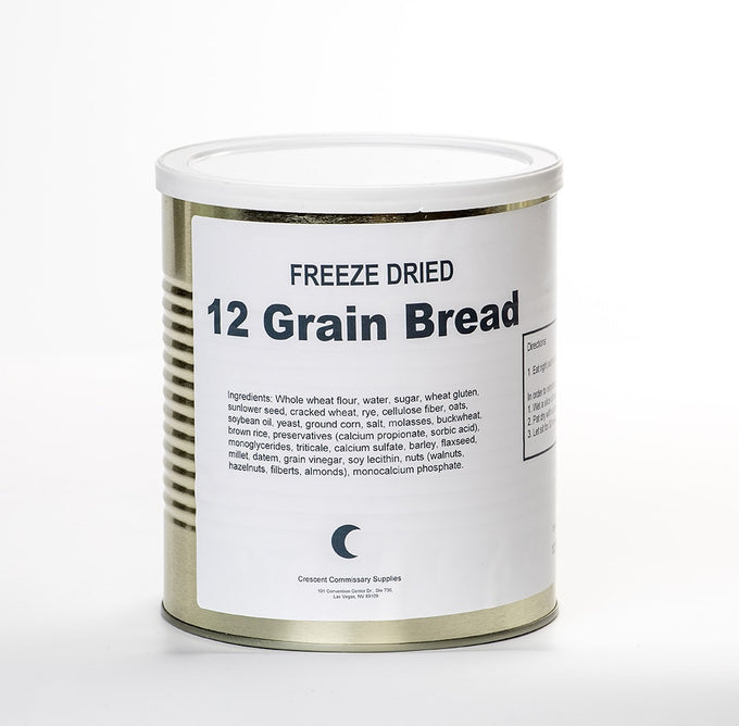 Cylindrical metal can of handcrafted freeze-dried 12-grain bread with simple white label, suitable for Kitchen & Food, Food, Freeze Dried, USA Made, Best Sellers, and Promo Eligible collections.
