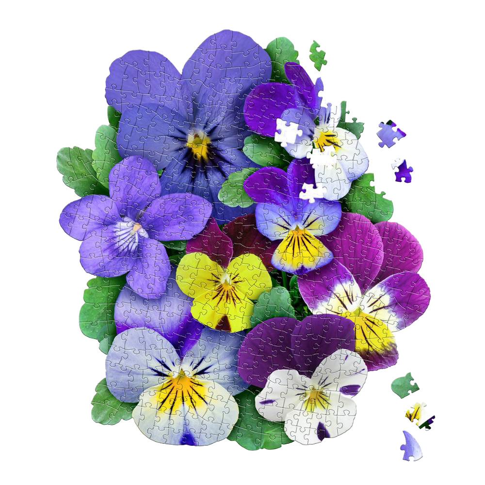 Handcrafted shaped jigsaw puzzle featuring vibrant violets in purple, yellow, and white hues with green leaves, part of Toys, Children’s Toys, Games and Puzzles collections.