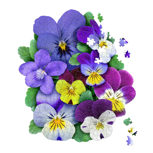 Handcrafted shaped jigsaw puzzle featuring vibrant violets in purple, yellow, and white hues with green leaves, part of Toys, Children’s Toys, Games and Puzzles collections.