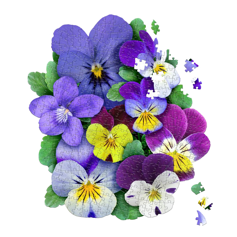 Handcrafted shaped jigsaw puzzle featuring vibrant violets in purple, yellow, and white hues with green leaves, part of Toys, Children’s Toys, Games and Puzzles collections.