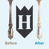 Two ornate silver spoons shown side by side with one tarnished labeled "Before" and the other polished to a bright shine labeled "After," highlighting effective metal restoration for Home & Decor and Household Cleaning collections.