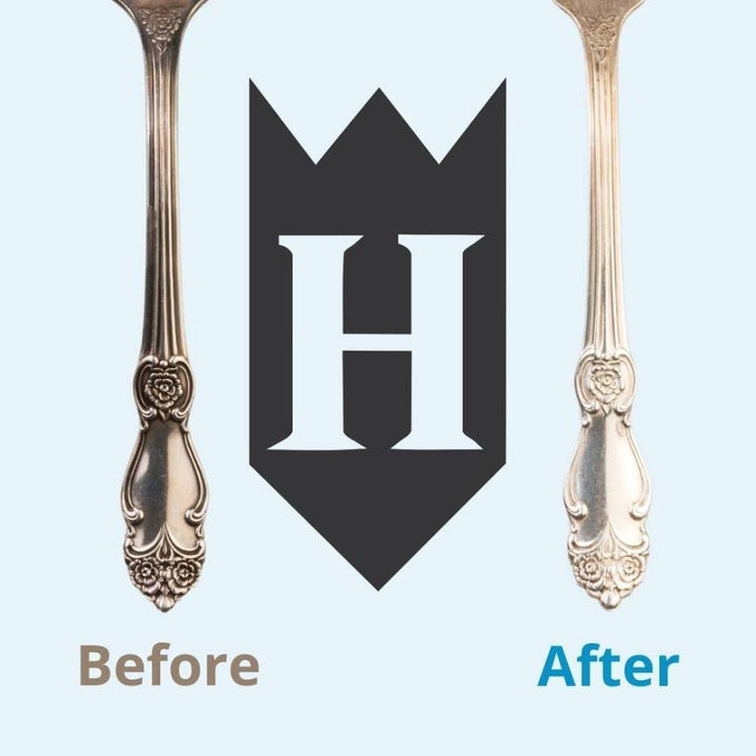 Two ornate silver spoons shown side by side with one tarnished labeled "Before" and the other polished to a bright shine labeled "After," highlighting effective metal restoration for Home & Decor and Household Cleaning collections.