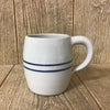 Handcrafted stoneware mug with a large barrel shape and two blue stripes, durable and lead-free, made in USA, perfect for Kitchen & Food and Brewing Coffee and Tea collections.