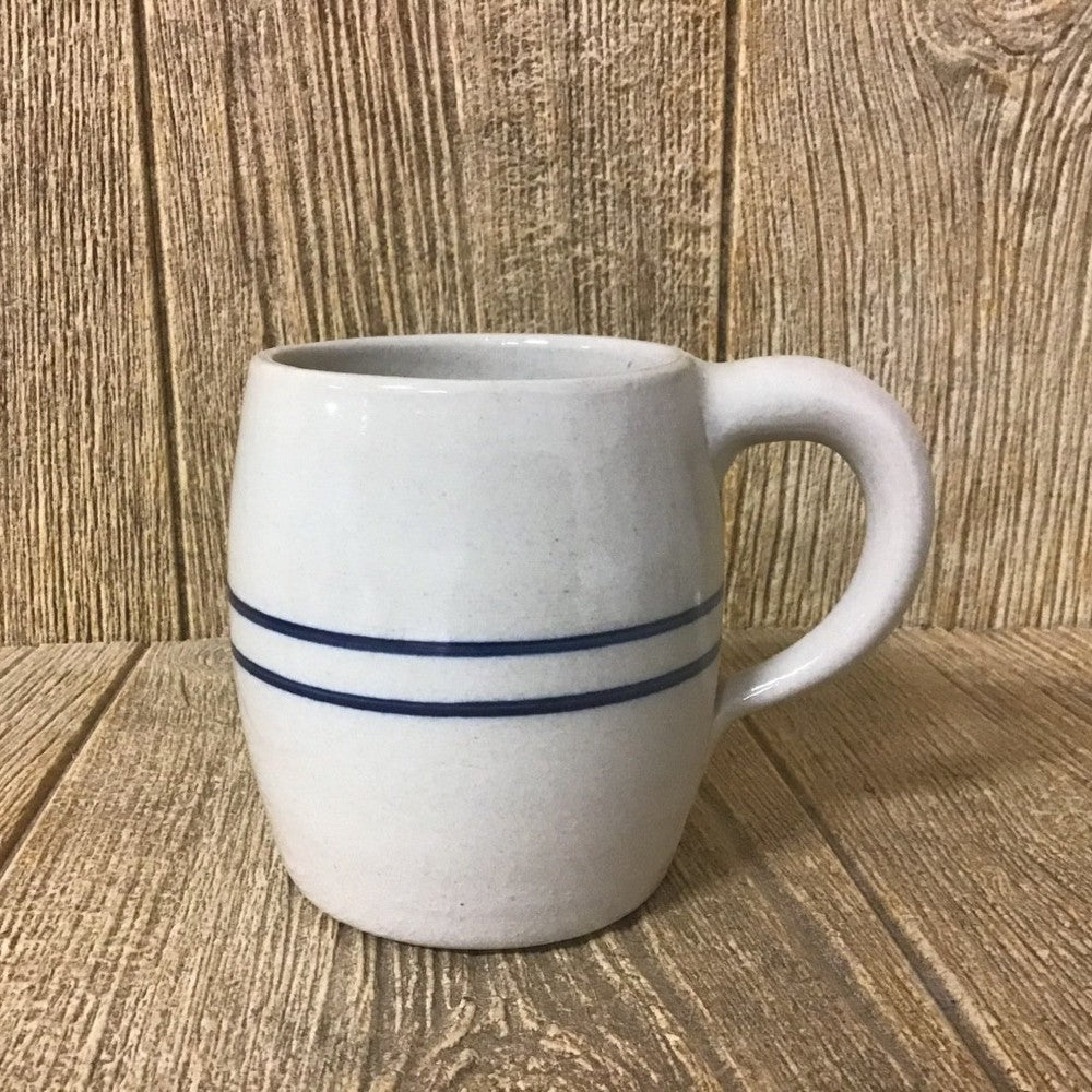 Handcrafted stoneware mug with a large barrel shape and two blue stripes, durable and lead-free, made in USA, perfect for Kitchen & Food and Brewing Coffee and Tea collections.