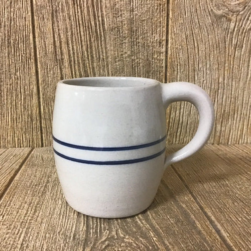 Handcrafted stoneware mug with a large barrel shape and two blue stripes, durable and lead-free, made in USA, perfect for Kitchen & Food and Brewing Coffee and Tea collections.