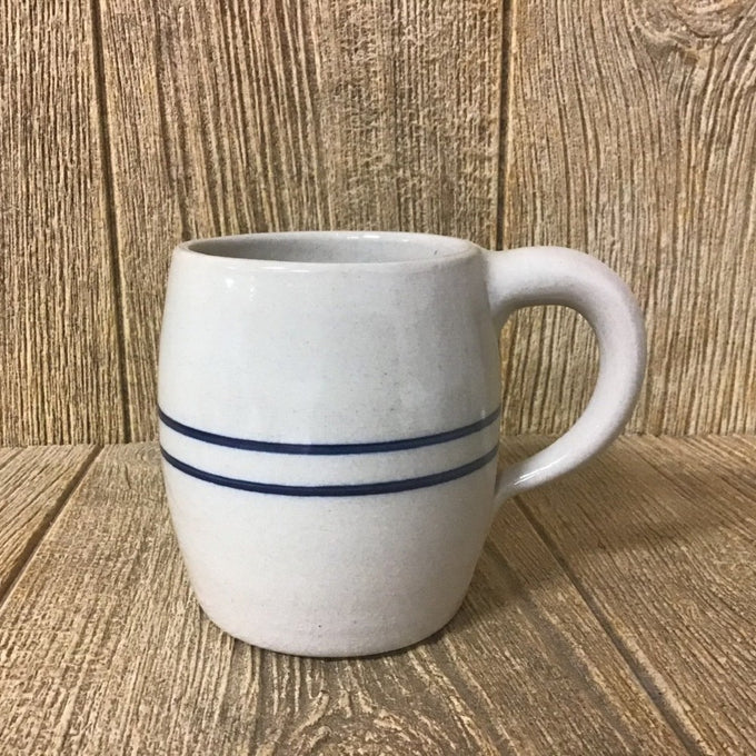 Handcrafted stoneware mug with a large barrel shape and two blue stripes, durable and lead-free, made in USA, perfect for Kitchen & Food and Brewing Coffee and Tea collections.