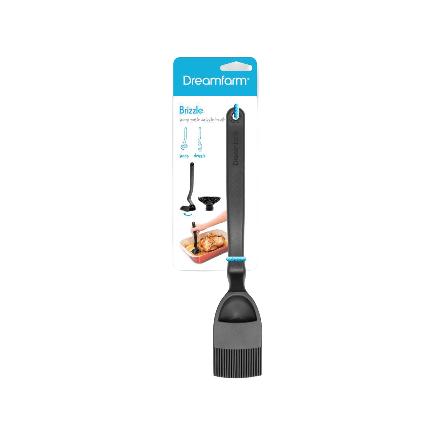 Black silicone basting brush with a scoop-shaped head featuring four holes to control liquid flow and a comfortable handle, ideal for Kitchen Gadgets, Cooking Helpers, and Grilling collections.
