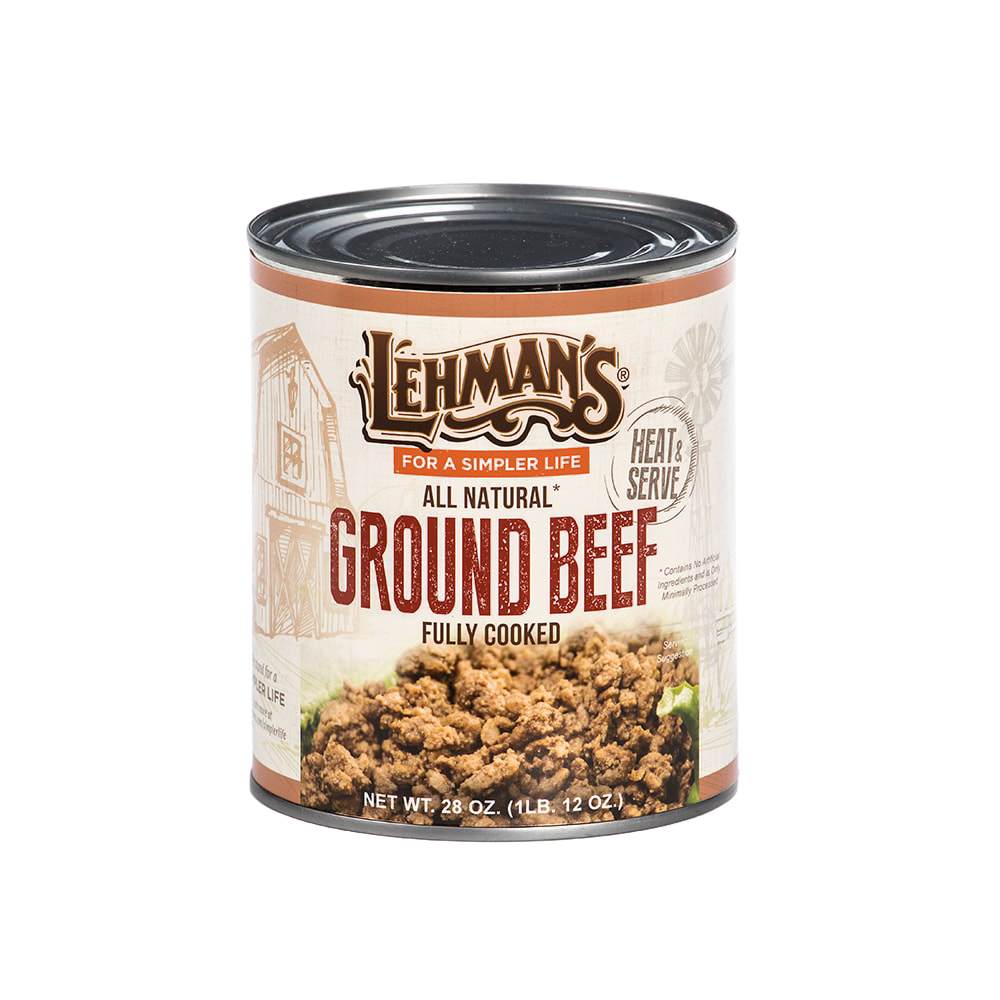 Can of handcrafted Lehman's all-natural fully cooked ground beef, ready to heat and serve, ideal for Kitchen & Food, Meats, Best Sellers, and Promo Eligible collections.