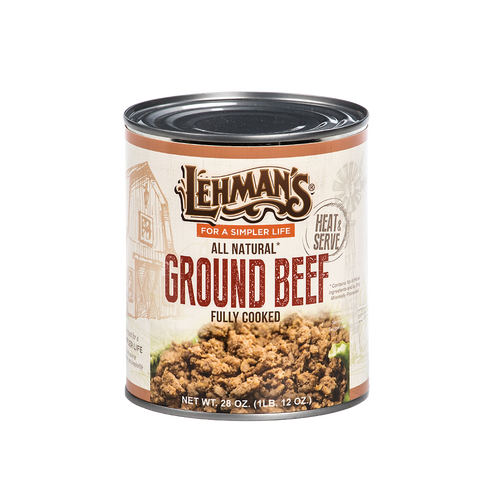 Can of handcrafted Lehman's all-natural fully cooked ground beef, ready to heat and serve, ideal for Kitchen & Food, Meats, Best Sellers, and Promo Eligible collections.