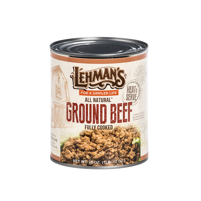 Can of handcrafted Lehman's all-natural fully cooked ground beef, ready to heat and serve, ideal for Kitchen & Food, Meats, Best Sellers, and Promo Eligible collections.