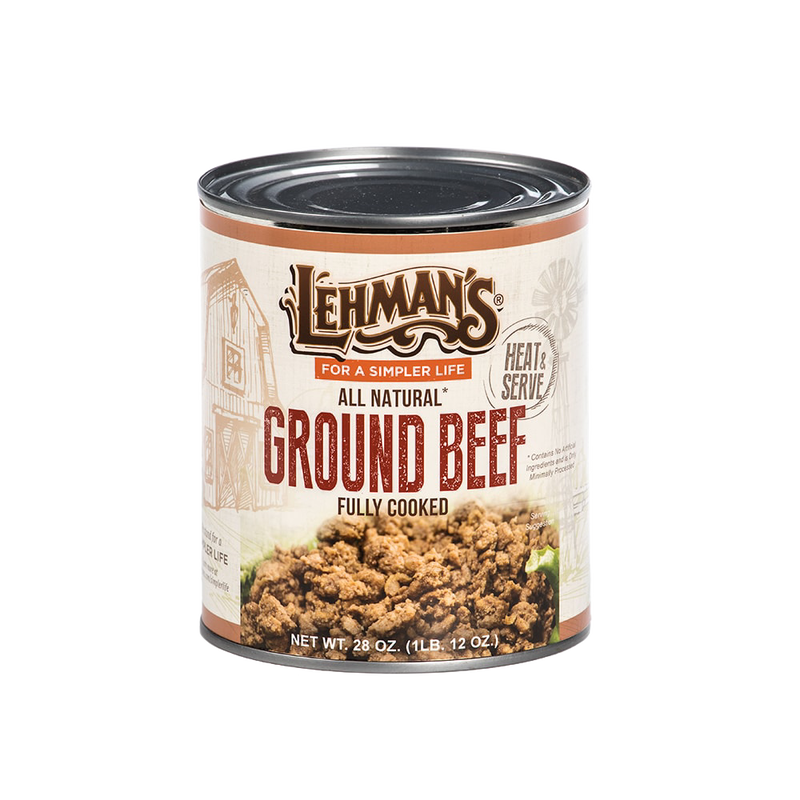 Can of handcrafted Lehman's all-natural fully cooked ground beef, ready to heat and serve, ideal for Kitchen & Food, Meats, Best Sellers, and Promo Eligible collections.
