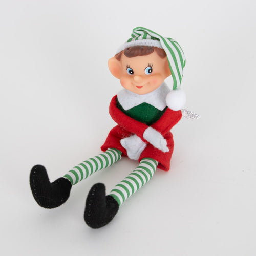 Handcrafted posable Christmas elf in red and green fabric with striped green and white legs, black felt shoes, and a matching striped hat, featured in Home & Decor and Holiday Decor collections.