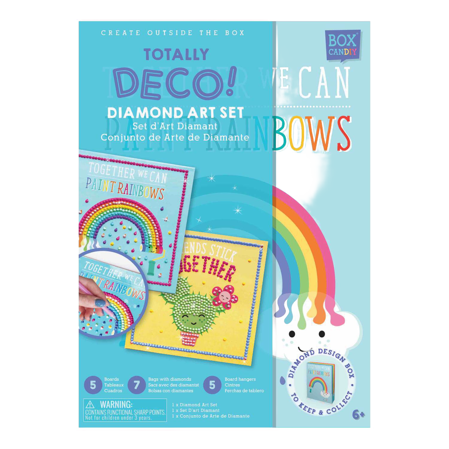 Colorful diamond art set packaging featuring sparkling rainbow and cactus designs on artboards with small plastic gemstones and board hangers, part of Children's Toys and Arts and Crafts collections.