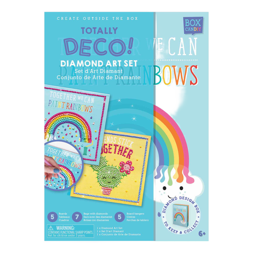 Colorful diamond art set packaging featuring sparkling rainbow and cactus designs on artboards with small plastic gemstones and board hangers, part of Children's Toys and Arts and Crafts collections.