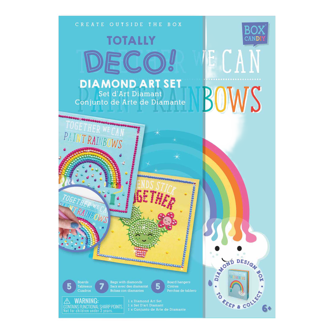 Colorful diamond art set packaging featuring sparkling rainbow and cactus designs on artboards with small plastic gemstones and board hangers, part of Children's Toys and Arts and Crafts collections.