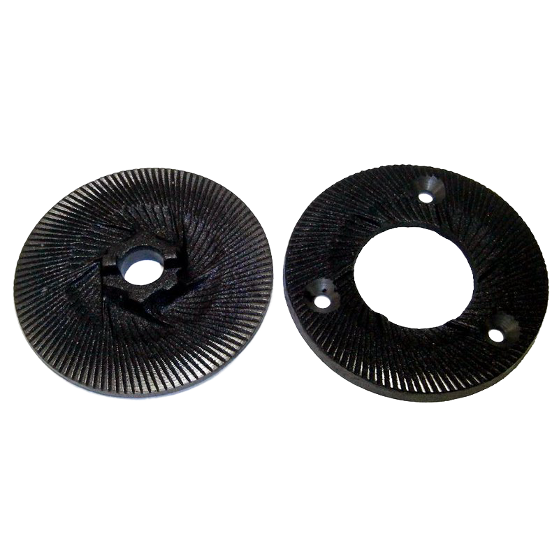 Set of two black grinding burrs designed to customize grain texture for Kitchen & Food, Grain Mills, Best Sellers, Bread Making Supplies, and Promo Eligible collections.