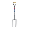 Heavy-duty digging fork with forged carbon steel tines and wooden handle, designed for farm, garden, and lawncare tasks in digging and cultivating collections.