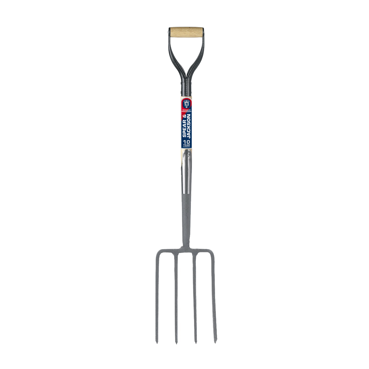 Heavy-duty digging fork with forged carbon steel tines and wooden handle, designed for farm, garden, and lawncare tasks in digging and cultivating collections.