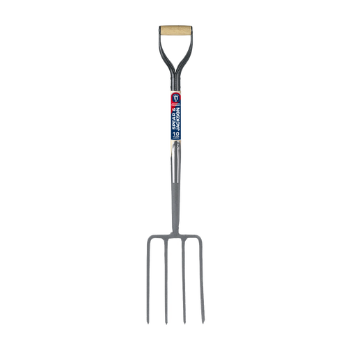 Heavy-duty digging fork with forged carbon steel tines and wooden handle, designed for farm, garden, and lawncare tasks in digging and cultivating collections.