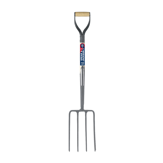 Heavy-duty digging fork with forged carbon steel tines and wooden handle, designed for farm, garden, and lawncare tasks in digging and cultivating collections.