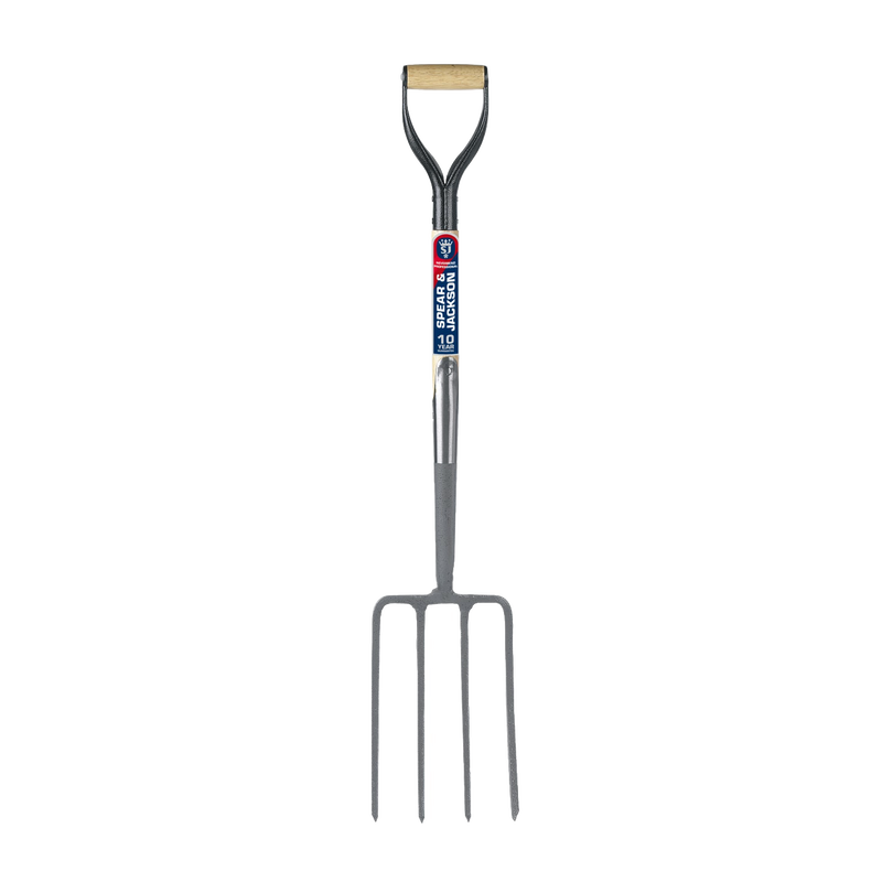 Heavy-duty digging fork with forged carbon steel tines and wooden handle, designed for farm, garden, and lawncare tasks in digging and cultivating collections.