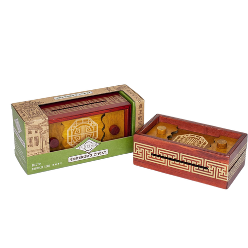 Wooden brainteaser puzzle box with intricate geometric patterns and Chinese-inspired motifs, designed for children's toys and puzzle collections.