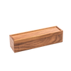 Rectangular acacia wood tea box with raised hinged lid, handcrafted for kitchen and food storage, ideal for organizing tea bags in brewing coffee and tea collections.