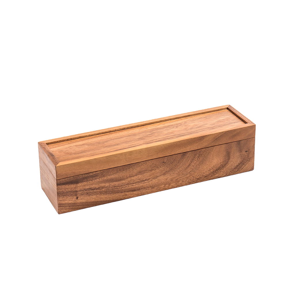 Rectangular acacia wood tea box with raised hinged lid, handcrafted for kitchen and food storage, ideal for organizing tea bags in brewing coffee and tea collections.