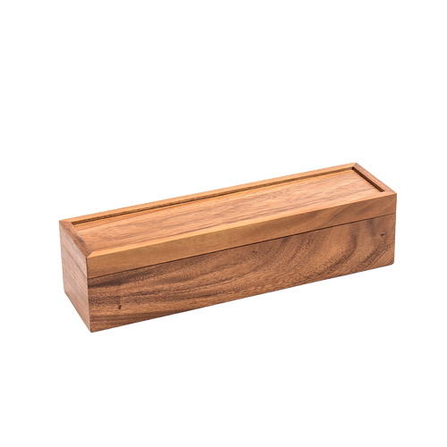 Rectangular acacia wood tea box with raised hinged lid, handcrafted for kitchen and food storage, ideal for organizing tea bags in brewing coffee and tea collections.