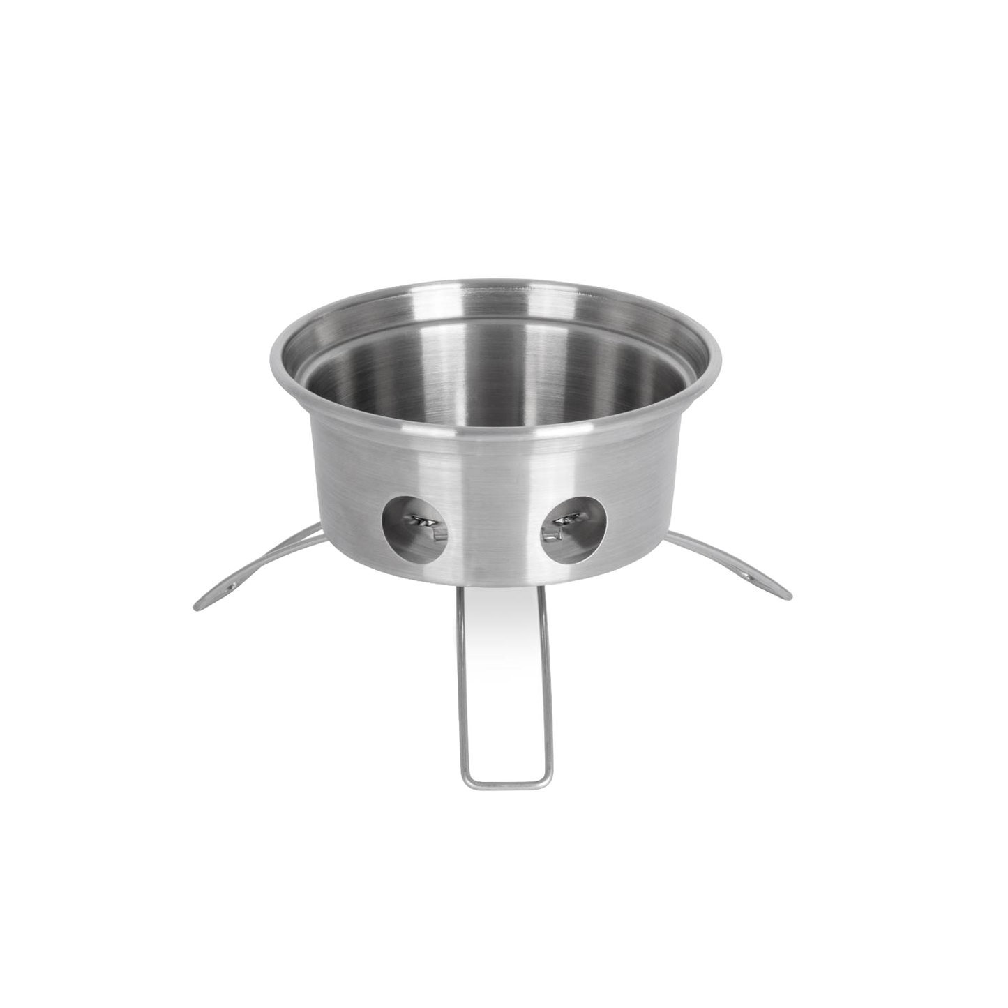 Stainless steel portable fire kettle base with vent holes and foldable legs, designed for outdoor camping, emergency use, and garden tool collections.